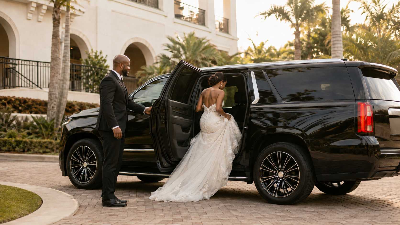 Bride being assisted into a private black SUV for her wedding transportation